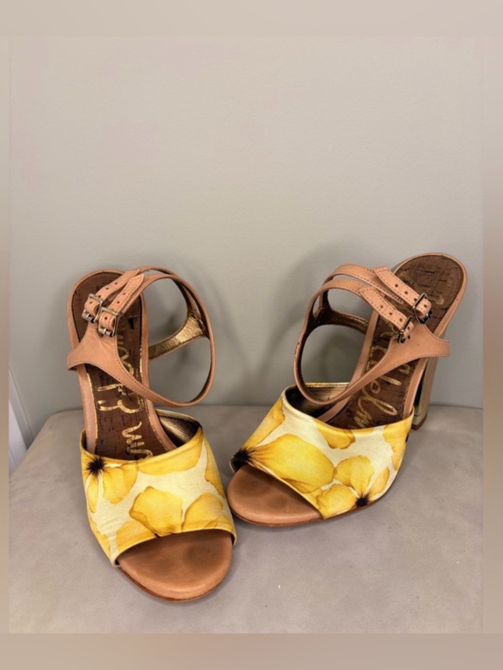Sam Edelman Floral Heels Women 8.5 Yellow Block Heel Sandals Leather Ankle Strap